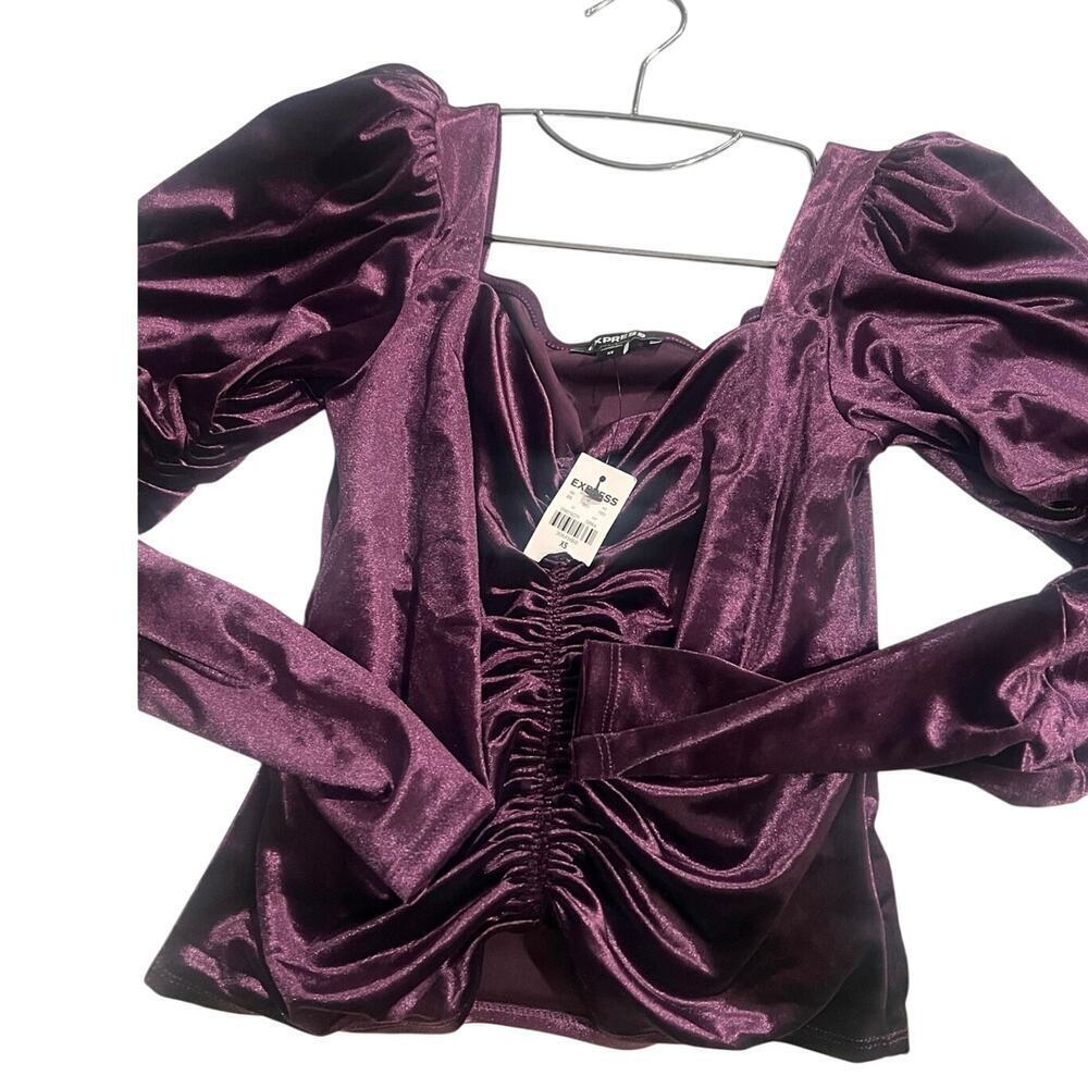 NWT Express Dark Purple Velvet Long Sleeve Blouse Top Ruched Front Women XSmall - Picture 4 of 7